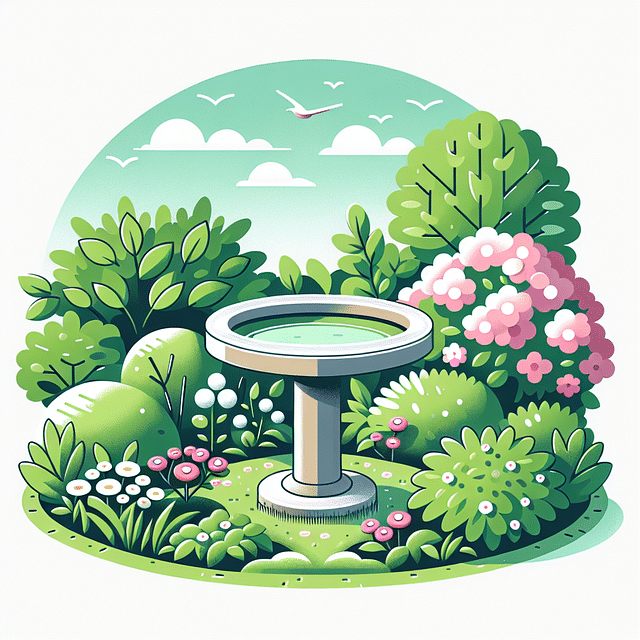 birdbath in garden near ground cover