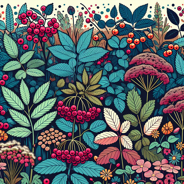 berry shrubs and seed flowers in bird garden