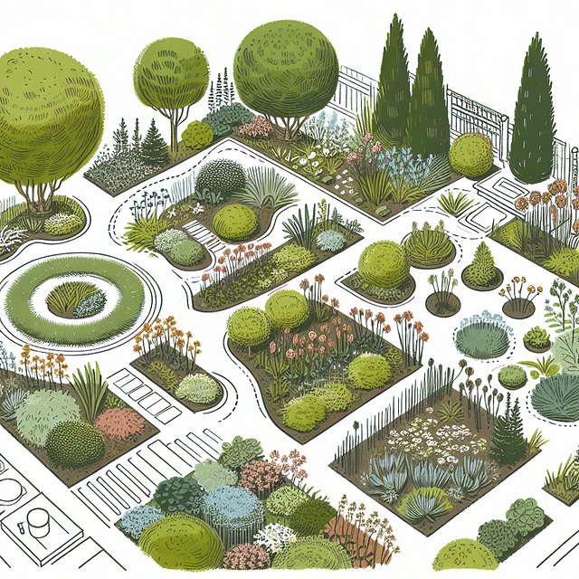 garden sketch with ground cover, shrubs, and trees layout