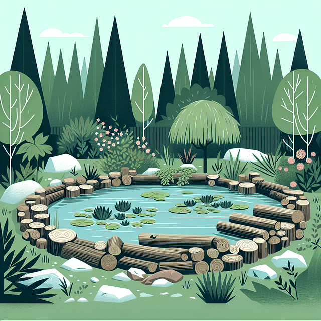 logs and rocks arranged around a garden pond to provide habitats