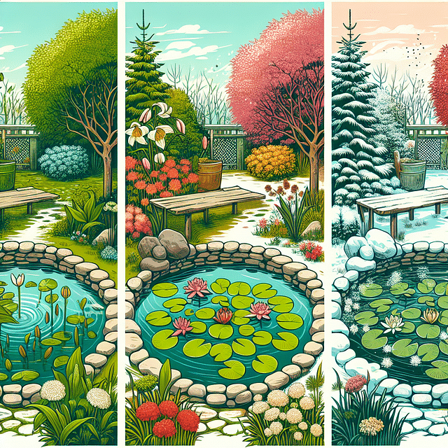 a well-maintained garden pond through the seasons