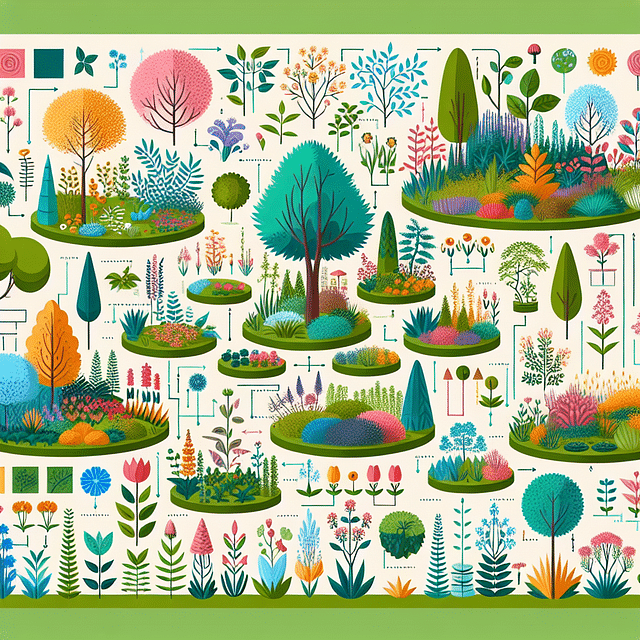 diverse garden with various plant structures