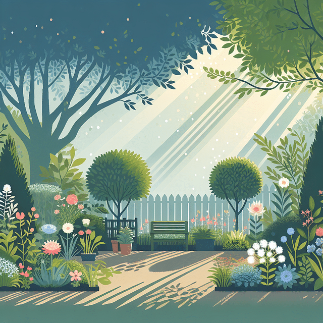 a serene garden spot with dappled sunlight