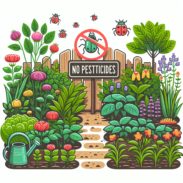 A no-pesticide garden sign surrounded by healthy plants and beetles