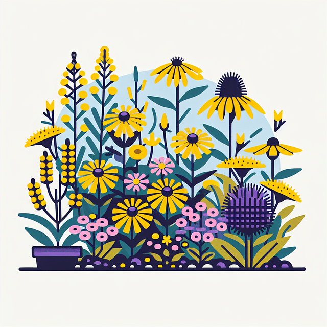 Illustration of a garden with evening primrose, goldenrod, and purple coneflower