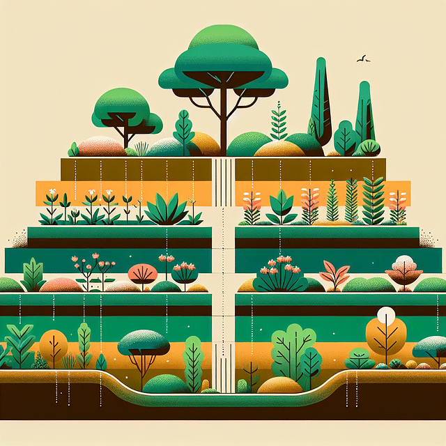 A layered garden design with diverse plant heights and ground cover