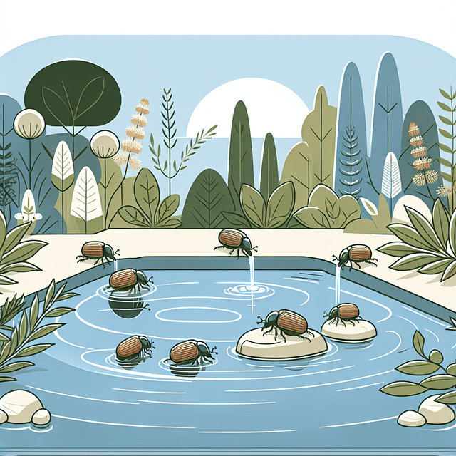 A garden water feature with beetles drinking from shallow water
