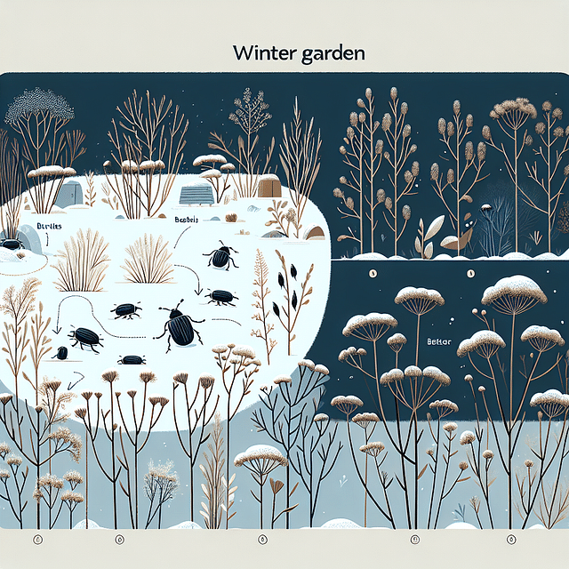 Winter garden with plant stems and natural brush providing shelter for beetles