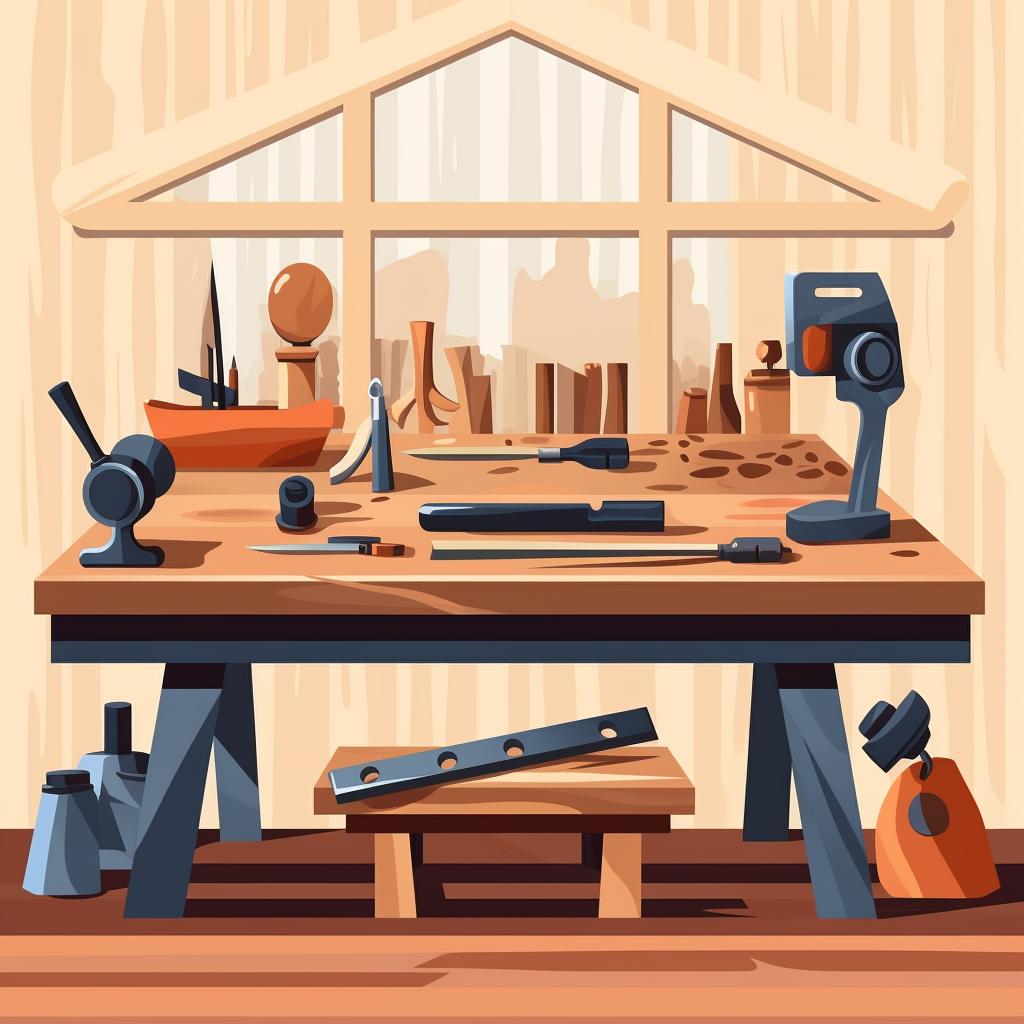 A collection of woodworking tools and a piece of untreated wood on a workbench.