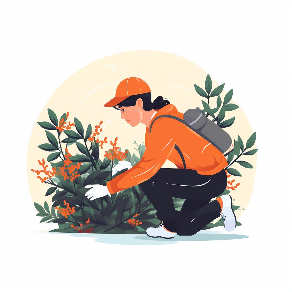 A person inspecting a shrub for signs of pests or diseases.