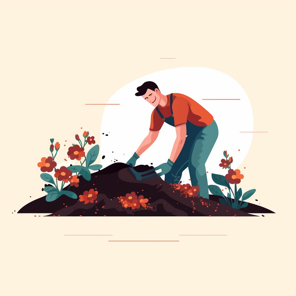 A gardener preparing the soil, removing weeds and adding compost.