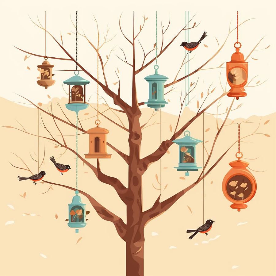 Bird feeders of different sizes hanging from tree branches