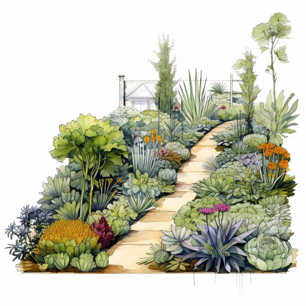A sketch of a garden layout with various plant heights