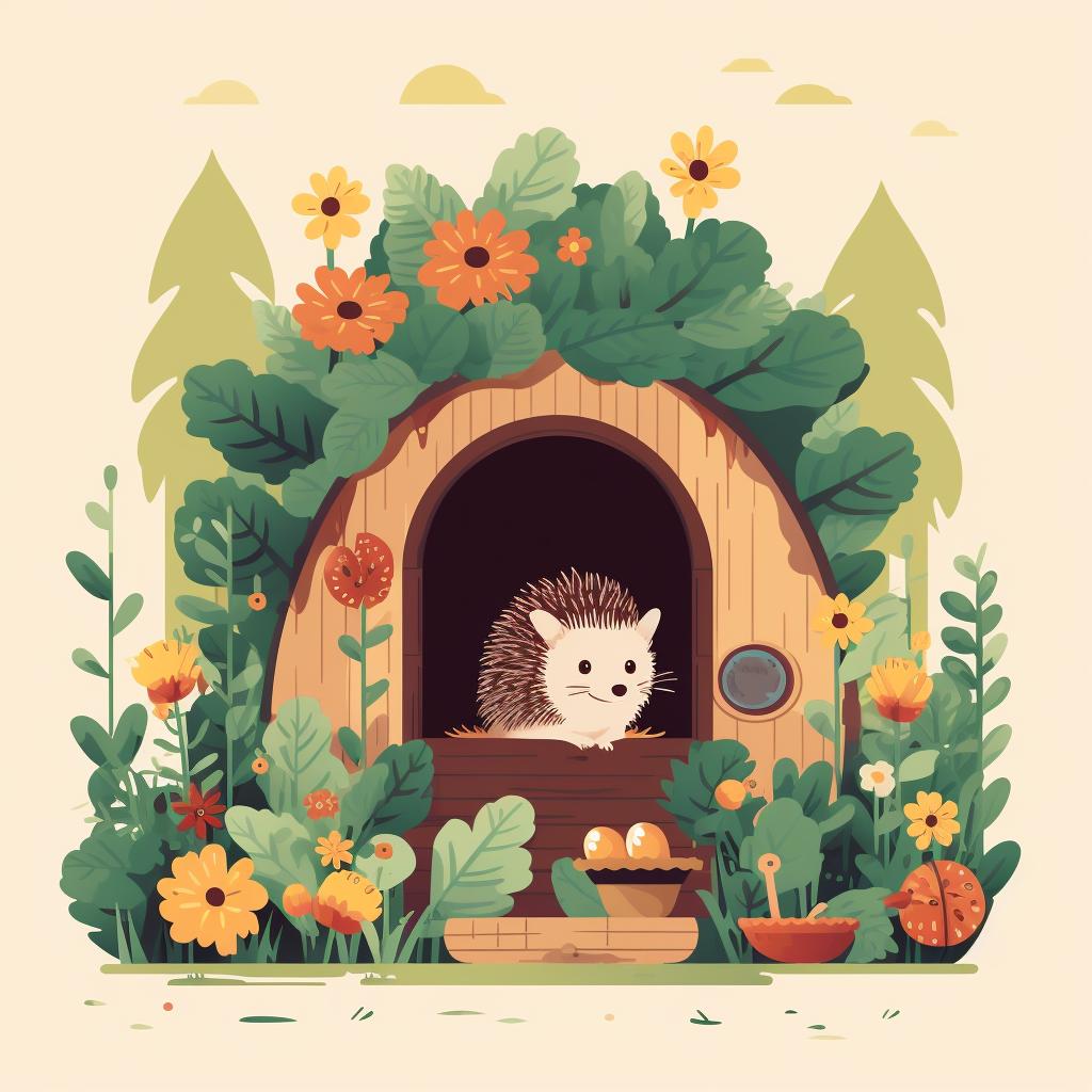 A wooden hedgehog house tucked away in a quiet corner of a garden