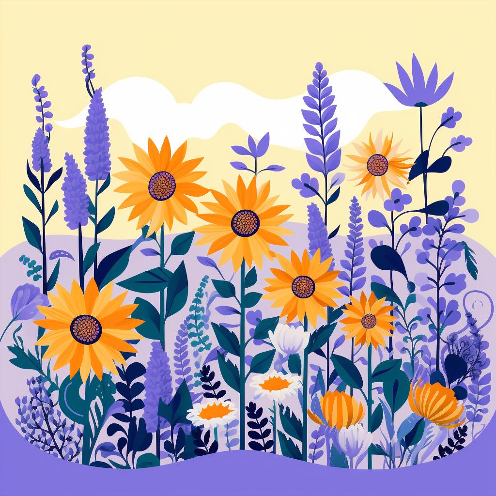 A garden filled with sunflowers, lavender, and honeysuckle