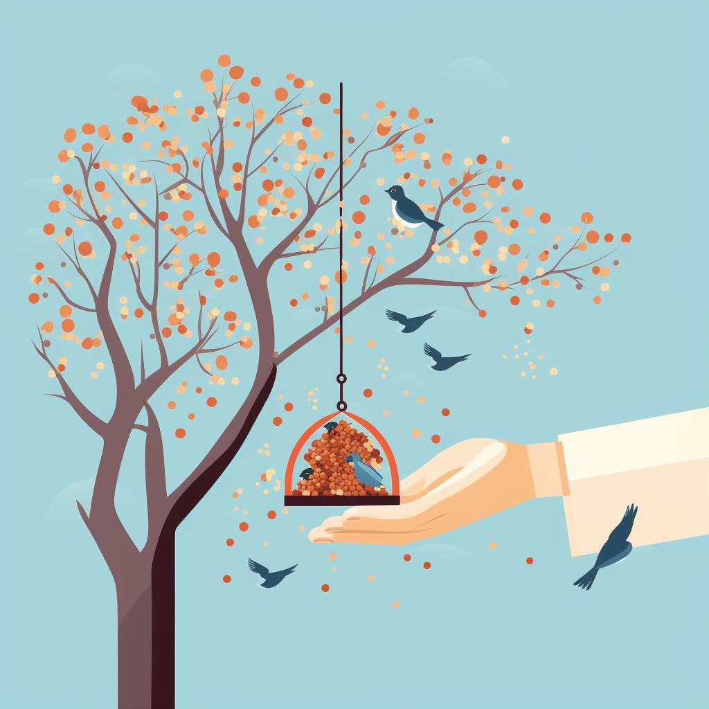 Hands filling a bird feeder with seeds and hanging it on a tree branch