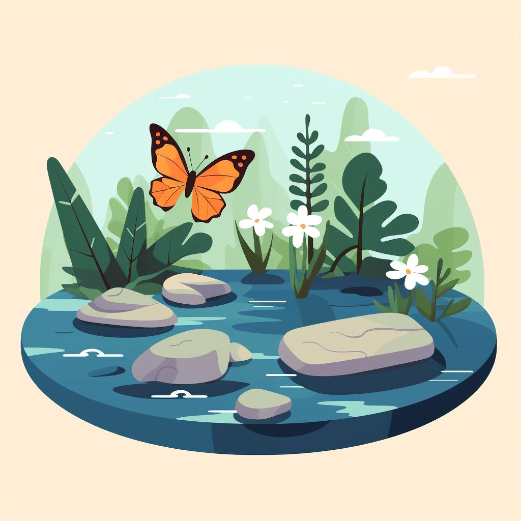 A butterfly garden with a shallow water dish and flat stones