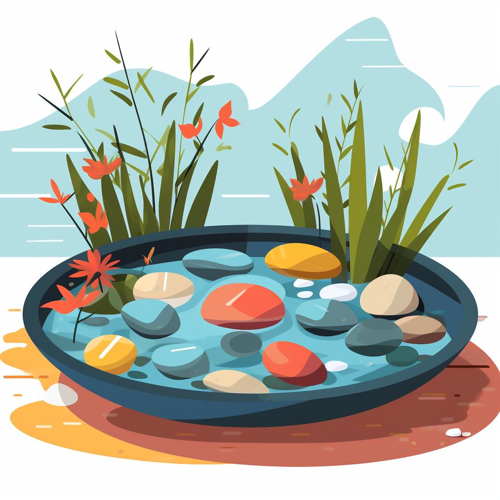 A shallow dish filled with stones and water in a garden